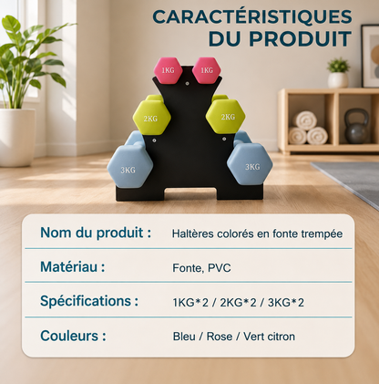Haltères Hexagonaux en Fonte Trempée – Paire de 1 kg, 2 kg ou 3 kg pour Fitness, Pilates & Renforcement Musculaire