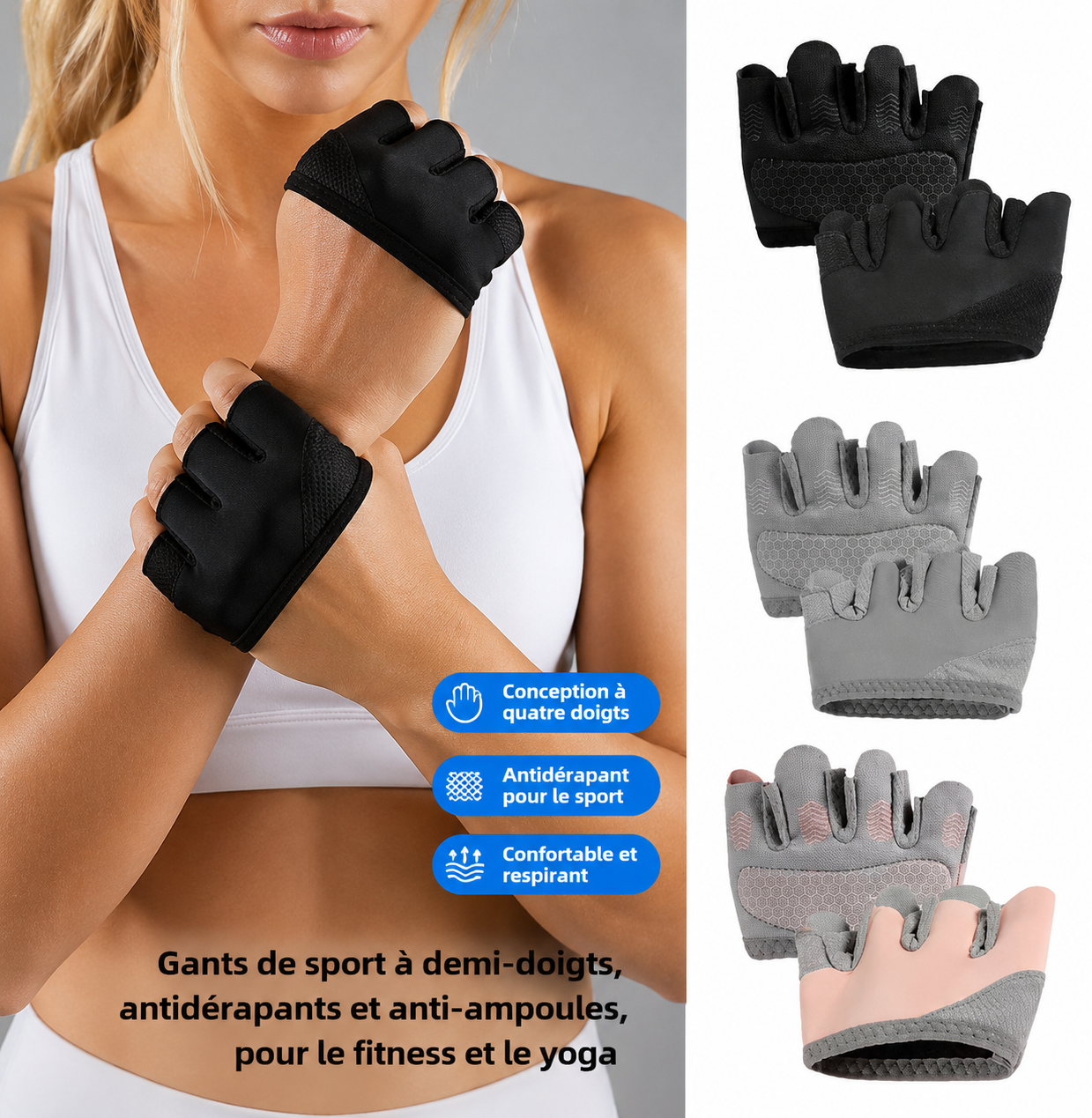 Gants Demi-Doigts Antidérapants – 1 Paire Respirante pour Pilates & Fitness